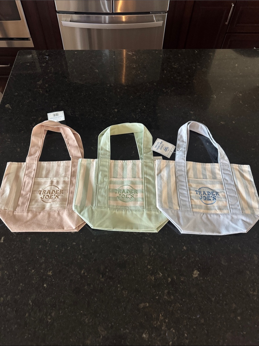 Trader Joe’s Pastel Striped Canvas Tote Bag -Beige, Mint, Blue set of 3 NWT